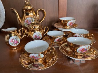 A Bavarian Porcelain 24K Gold Overlay Tea Set With Pot And Creamer And Sugar Bowl M4088