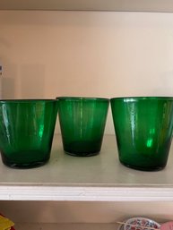 3 Emerald Green Rocks Glasses Hand Blown