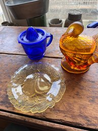 3 Vintage Pieces Of Colored Glass, Juicer, Rooster, Fruit Plate