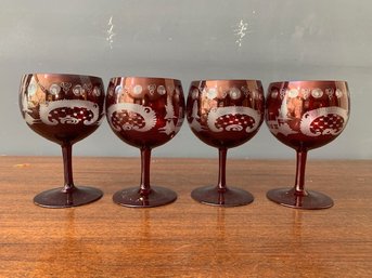 Etched Cranberry Crystal Wine Glasses