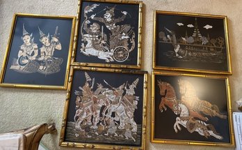 A Group Of 5 Framed Hand Painted Silks From Thailand Each Approx 16 X 16 To 16 X 20