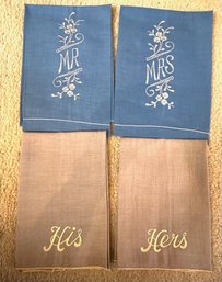 4 Vintage Linen Tea Towels, Mr & Mrs, His & Hers