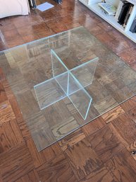 Mid Century Coffee Table LUCITE  X Base With Plate Glass Top, See Pictures Approx 40' X 40'