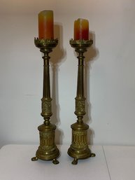 Pair Of Large Brass Pillar Candle Sticks
