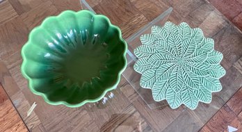 Bordallo Pinhiero Green Majolica Geranium Pedestal Cake Stand And Green Bowl By Crate And Barrel