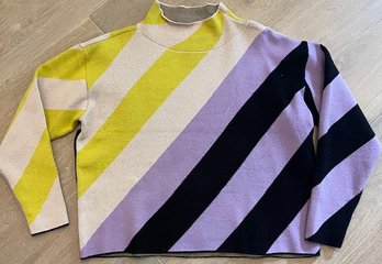 Maeve Anthropologie Purple, Black, Cream Chartreuse Striped Crew Neck Sweater