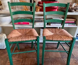Pair Of Country French Green Chairs With Rush Seats