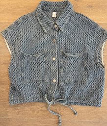 Snap Front Denim Colored Woven Draw String Top