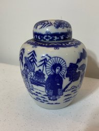 Small Covered Blue And White Ginger Jar