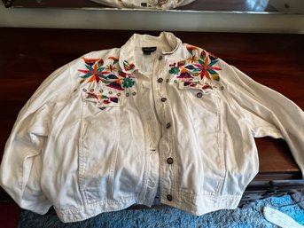 Carole Little White Denim Like Embroidered Jacket Size 14