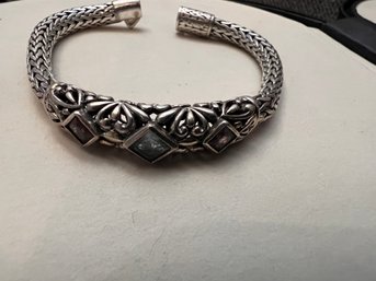 Solid Sterling Silver Bracelet With Onyx Stone Beautiful Open Work