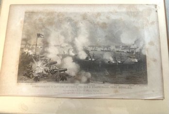 A Framed Antique Engraving Bombardment And Capture Of Fort Walker & Beauregard, Port Royal, S.C.