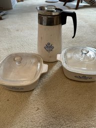 A Group Of 3 Corning Ware Pieces, Coffee Pot, And 2 Covered Square Pots