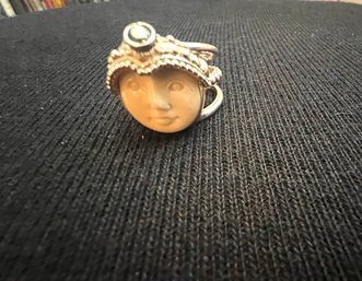 Sterling Silver Ring  Carved Moon Face With Stone