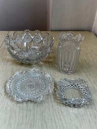 Pressed Glass Group, Vase, Large And Small Bowls And Plate,