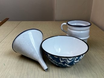 Group Of Enamel Ware Funnel, Sifter, Bowl