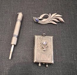 Group Of Antique Sterling Silver Pieces, Sterling And Enamel Locket, Pin With Lapis And Retractable Pencil