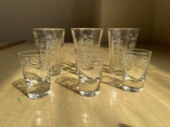 2 Sets ~ Etched Glass Shot Glasses And Tea Glasses