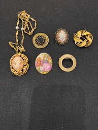 Group Of Vintage Pins, Napier, Winard And Florenza Porcelain Necklace