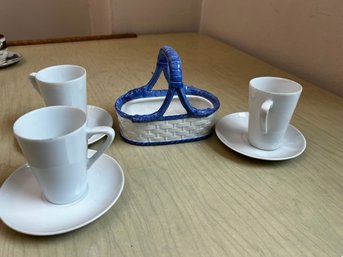 3 Demitasse Cup And Saucers And Sugar Packet/teabag Holder