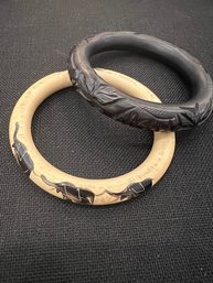 Ebony Bakelite  And Ivory Hand Painted  Asian Elephants Pair Of Bracelets