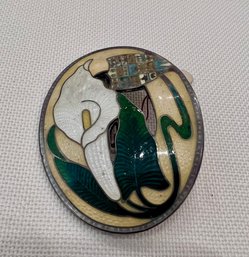 Antique Enamel On Sterling Silver Brooch With Calla Lily