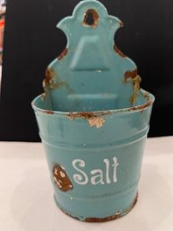 A Vintage Enameled Salt Wall Tin