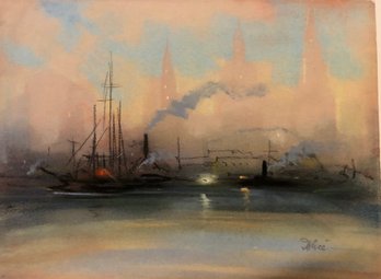 Original Pastel Leon Dolice East River At Night Approx 14 X 20'