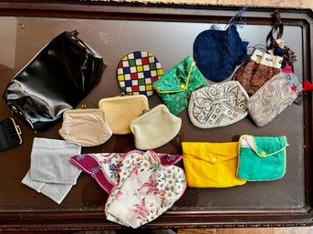 A Group Of Change Purses, Jewelry Bags, Vintage Handkerchiefs Etc