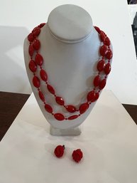 Vintage Red Necklace And Red Beaded Earrings