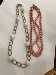 2 Retro Necklaces, Long Gold Tone And White Bed, And Coral Colored Stone Necklace , Missing Stone At Clasp