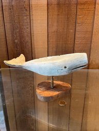 Wood Whale Sculpture On Pedestal Stand