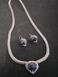 Set Of Sterling Silver And Lapis Lazuli Necklace And Earrings