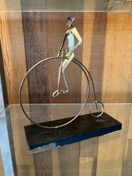 Brass Sculpture Man On Antique Bicycle On Wood Base