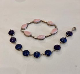 2 Sterling Silver Bracelets One Witha Rose Stone Second Lapis Blue To Violet Colored