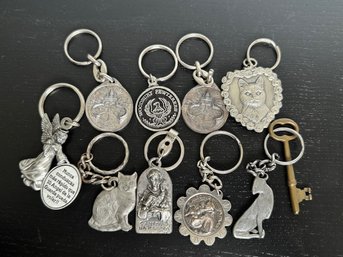 Great Group Of Cats And Saints ~ 10 Pewter Key Chains Assorted Shapes And Sizes