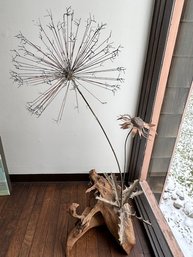 Mixed Metal Dandelion And Wisp Sculpture With Driftwood Base