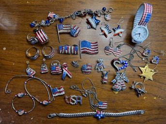 A Large Group Of Americana Pins, Watch, Ring, Bracelets, Necklaces Etc! Over 35 Pieces!
