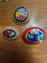 A Group Of 3 Mosiac And Enamel Brooches One Marked Italy