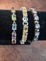 3 Sterling Silver 925 Bracelets With Assorted Semi Precious Stones And Crystals