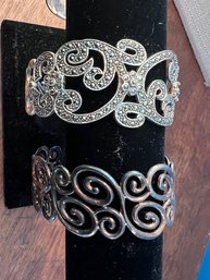 A Pairof Magnificent 925 Open Work Bracelets One With Crystals