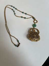 Pocketbook Locket  Gold Tone Chain With Green Stones