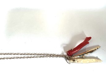 14Kt Gold Multi Charm Necklace Diamond Chip, Coral And Mother Of Pearl