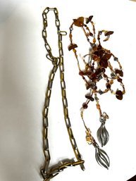 2 Necklace, One Chain With Enamel As Is, One Long Multi Stone Leaf Lariat
