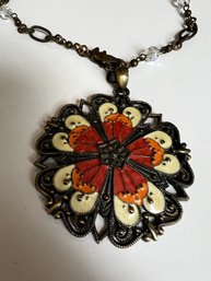 Large Enamel And Brass Flower Necklace