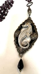 Fantastic Seahorse Large Multi Toned Metal Pendent With Amethyst Colored Stone Chain