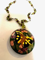 Cousin Claudine Enameled Butterfly Necklace On Multi Stone Chain