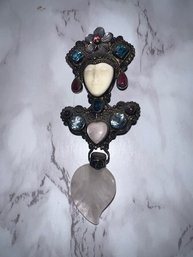 Exquisite Carved Multi Gem/semi Precious Stones Silver Brooch