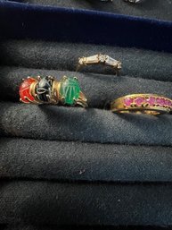 3 Multi Stone Rings Set In 925 Gold Toned One Scarab Carved