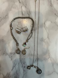 Fiery Opal And Amethyst Set In Sterling Silver Earrings, 2 Necklaces
